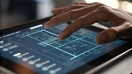 A closeup of fingers manipulating a touchscreen where swipes and taps reveal complex algorithms visualized on the display. The intricate lines and graphs evoke a sense of