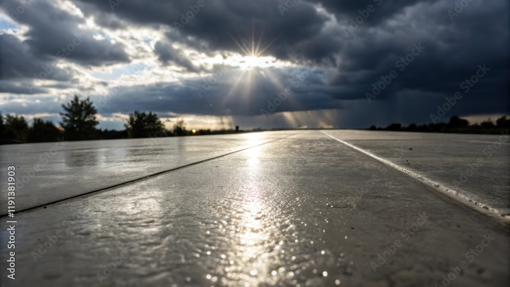 Poster A closeup of freshly poured concrete with a sheen of water on its surface reflecting bright rays of sunlight as darkness looms overhead showcasing a moment of contrast between