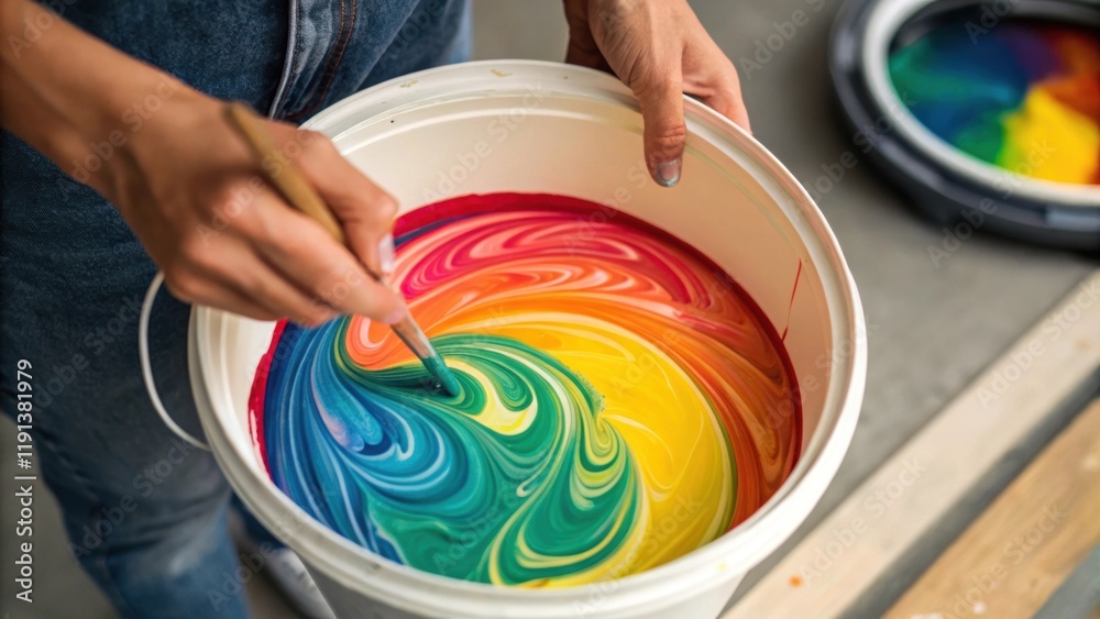 Poster a closeup of hands mixing paint in a bucket with vibrant colors swirled together conveying the creat