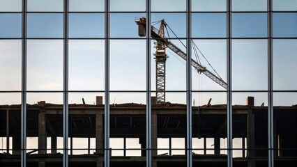 A closeup of glass windows reflecting the silhouette of a crane at work framing the stark contrast between the pristine new structure being erected and the crumbling remnants of a