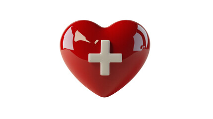 Red heart with medical cross symbol isolated on transparent background