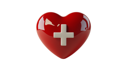 Red heart with medical cross symbol isolated on transparent background