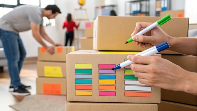 A closeup of hands labeling boxes with colorful markers creating an organized system for relocation while the background shows a bustling moving scene.