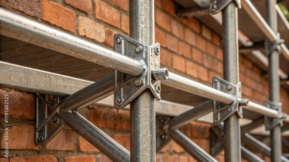 Poster a closeup of metallic scaffolding brackets juxtaposed against a backdrop of raw brick revealing a se