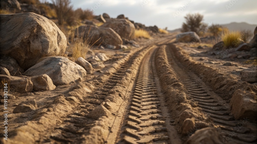 Poster a closeup of muddy tracks left by heavy machinery on unpaved ground with rugged boulders and sp vege
