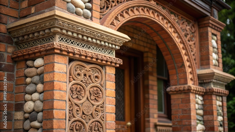 Aufkleber A closeup of ornamental brickwork and decorative stones around a Victorian entryway showcasing the layered textures and intricate designs that form a striking visual statement.