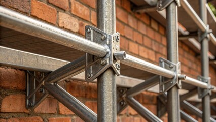 A closeup of metallic scaffolding brackets juxtaposed against a backdrop of raw brick revealing a series of angular shapes and straight lines that evoke a sense of industrial