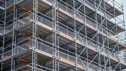 A closeup of modern scaffolding featuring galvanized steel and safety features showcasing the stark contrast to earlier construction ods while emphasizing the organization and