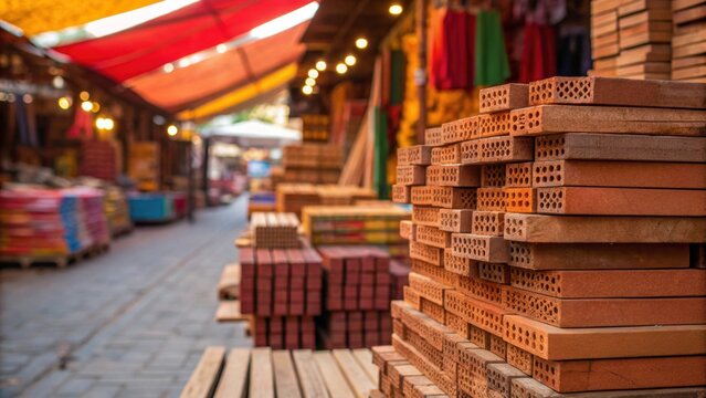 A closeup of materials stacked in a vibrant market including bricks and timber highlighting the local sourcing of resources and the economic boost construction provides to small