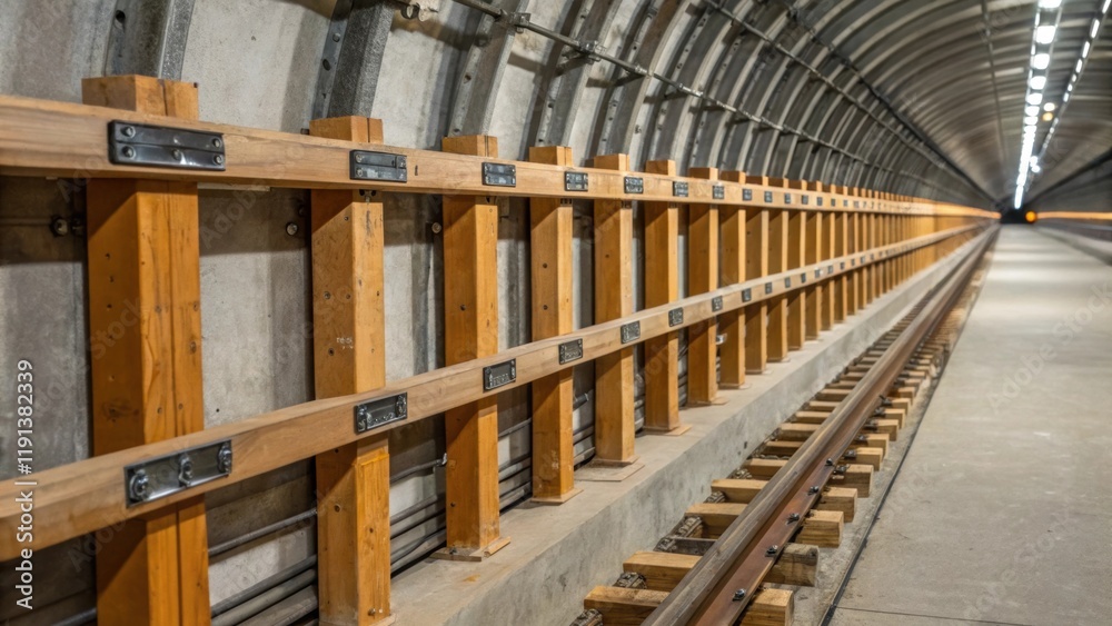 Poster a closeup of protective supports being installed along the tunnels wall with metal beams and wooden 