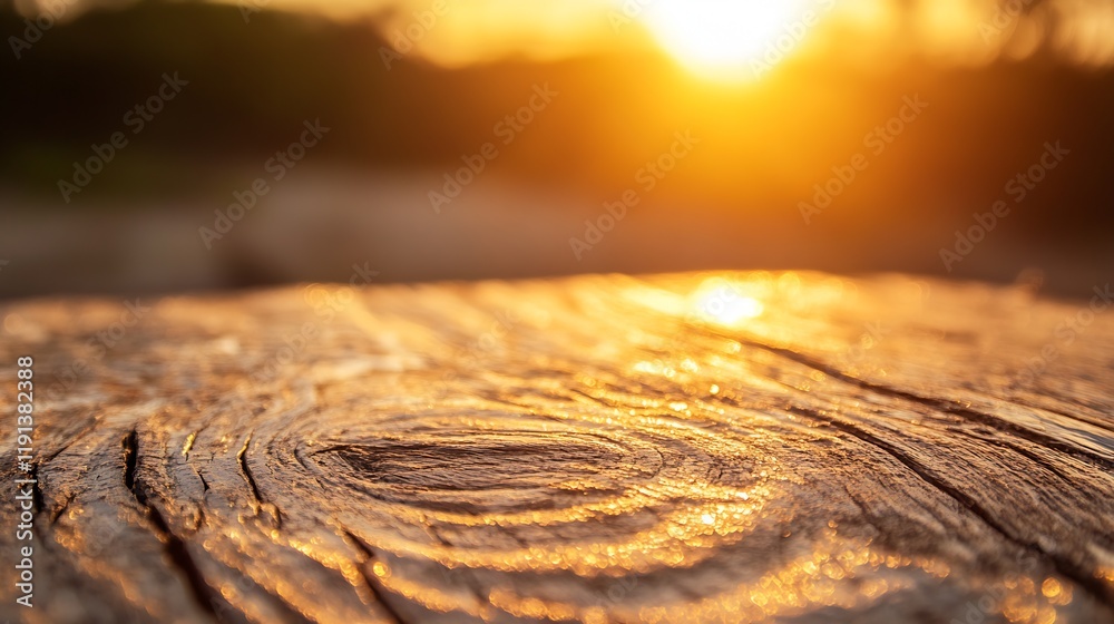 Aufkleber golden sunset reflection on weathered wooden surface creating warm ambient glow : generative ai