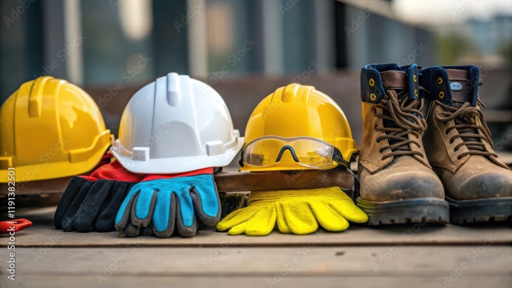 Poster a closeup of safety gear and personal protective equipment in various sizes and styles symbolizing t
