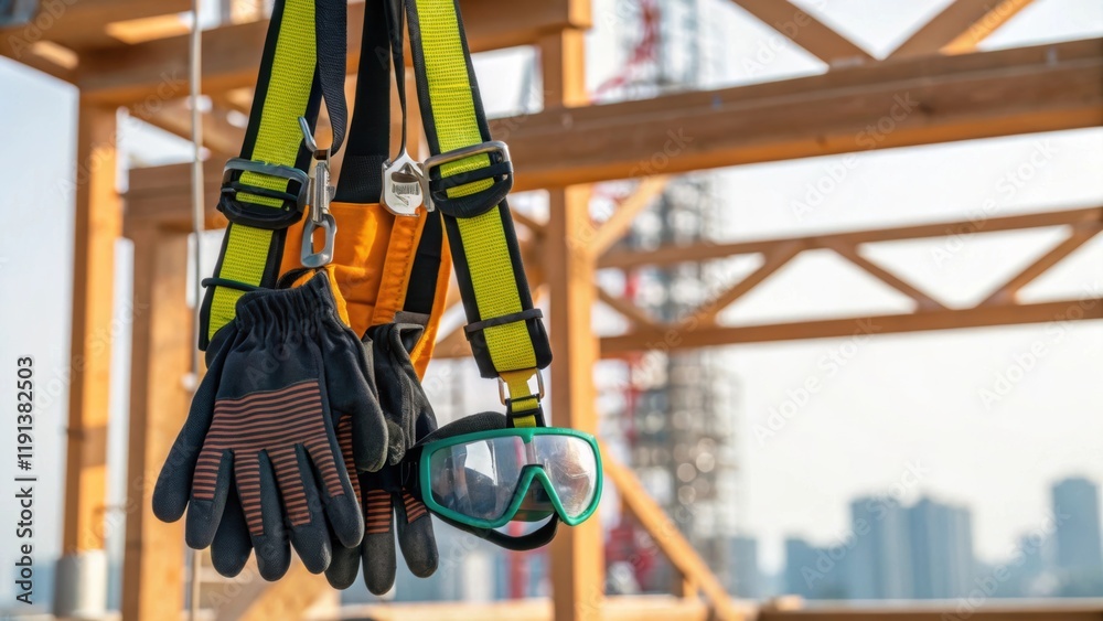 Poster a closeup of safety geargloves goggles and harnesseshanging from a construction site framework symbo