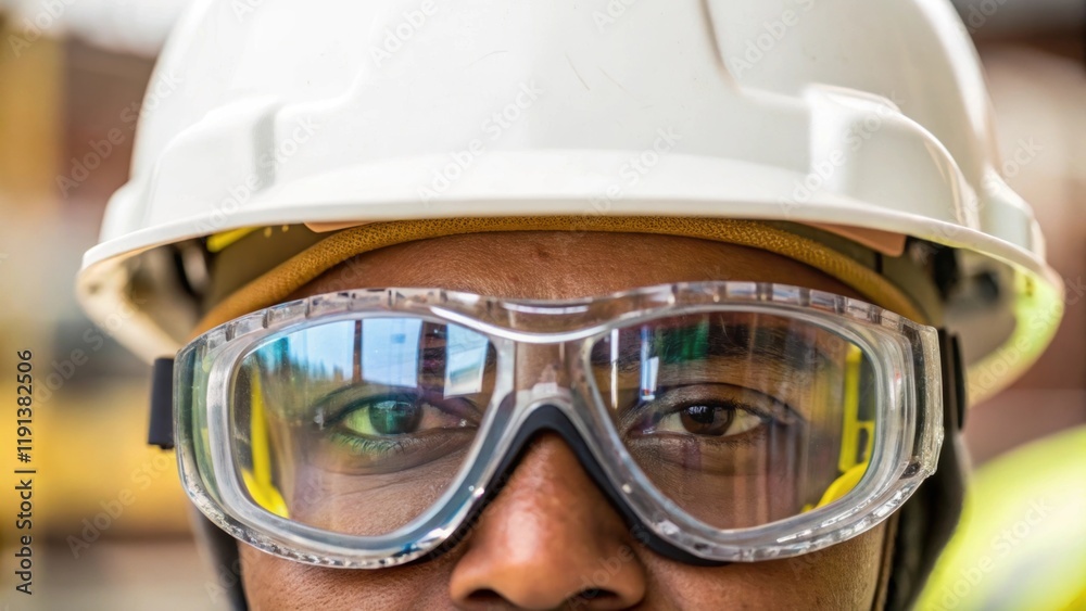 Poster A closeup of safety goggles resting just below a workers eyes reflecting multiple construction tasks in the lens highlighting their focus and dedication to safety.