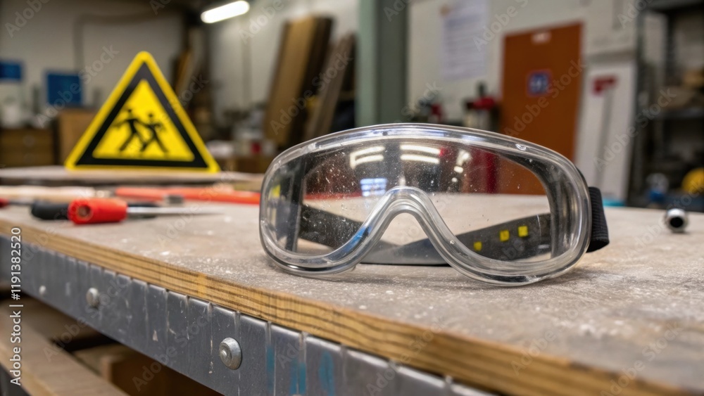 Poster a closeup of safety goggles resting on a workbench with a faint reflection of a construction site sy
