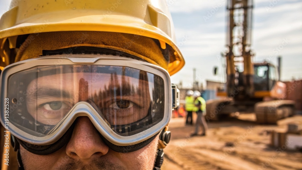 Poster A closeup of safety goggles resting snugly against the forehead of an operator foregrounding the intense work environment faint reflections of the pile driver and active site