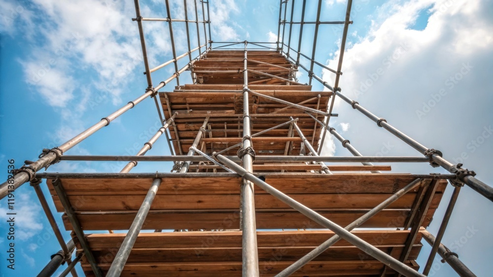 Leinwandbilder a closeup of scaffolding rising into the sky intertwining metal beams and wooden planks representing