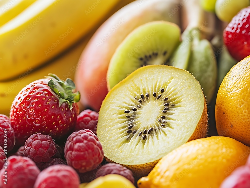 Poster fresh assorted fruits with vibrant colors and textures including kiwi : generative ai