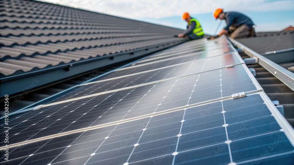 Poster a closeup of solar panels being installed on a roof illustrating the integration of renewable energy