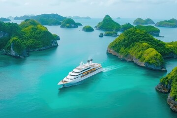 Luxury Yacht Navigating Tropical Islands - Aerial view of a white yacht in turquoise waters