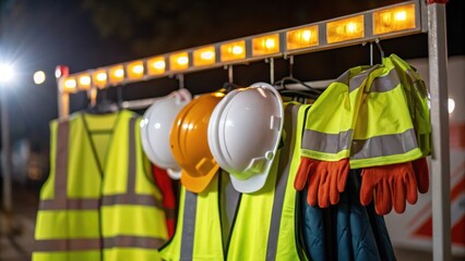 A closeup of safety gear hanging on a makeshift rack with reflective strips shining bright under the lights showcasing the blend of functionality and necessity in the construction