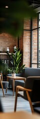 Fototapeta premium Modern Industrial Cafe Interior with Cozy Seating and Large Windows : Generative AI
