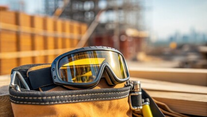 A closeup of safety goggles resting on a tool belt with the reflection of a construction site visible in the lenses signifying the balance of safety and functionality in the work