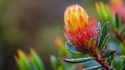 Obraz premium Close-up of a Vibrant Yellow and Red Flower Bud with Dew Droplets : Generative AI