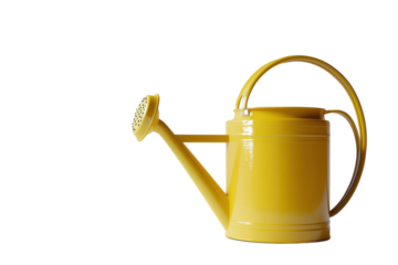 Bright yellow watering can placed against a plain white background for gardening use and decoration