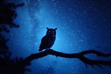 Majestic owl perched on branch under starry night sky