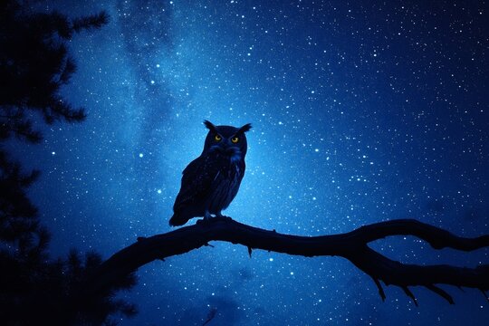 Majestic owl perched on branch under starry night sky