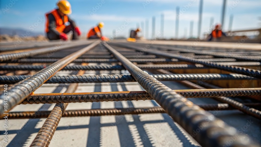 Poster a closeup of steel rebar mesh being meticulously aligned before concrete is poured highlighting the 
