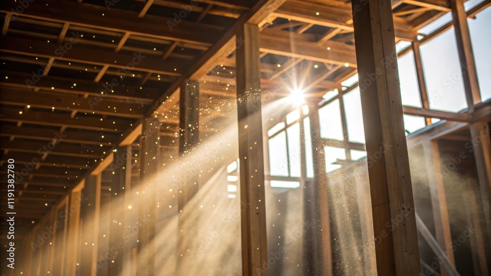 Poster a closeup of sunlight illuminating dust particles suspended in the air within the unfinished frame o