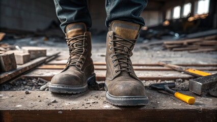 A closeup of steeltoed boots standing firmly on a construction surface with debris and tools tered around symbolizing the necessity of foot protection in hazardous areas.