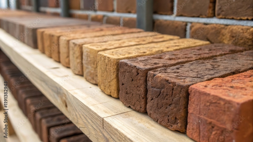 Poster A closeup of the final product a line of finished bricks basking in daylight displaying their rugged texture earthy colors and the unique artisanal quality that comes from