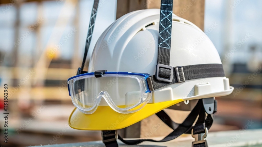Poster a closeup of the hard hats suspension system showcasing the adjustable ss with clear safety glasses 