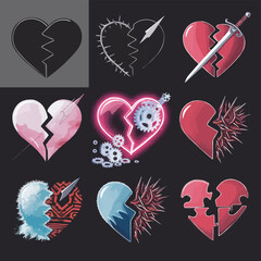 Broken hearts Two parts of broken heart. Valentine heart simbol. Wedding Vector heart sign. Hearts with beautiful decor. Heart and Broken Heart Icon Set. Heart and Broken Heart Icon Set.
