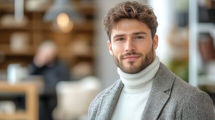 Naklejka premium Confident professional in a gender neutral turtleneck in modern office setting.