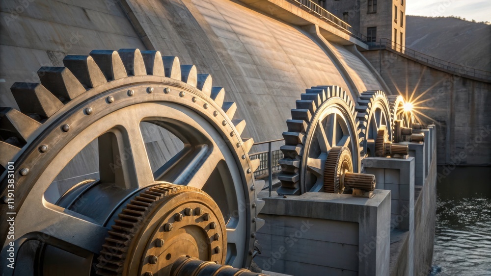 Aufkleber A closeup of the hydropower turbines at the base of the dam showing intricate gears and mechanisms with sunlight illuminating their metallic surfaces symbolizing the harnessing of