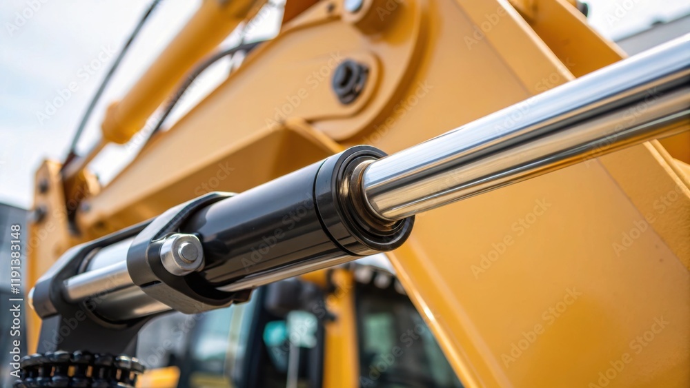 Poster a closeup of the hydraulic cylinder on a contemporary excavator highlighting the smooth finish and a