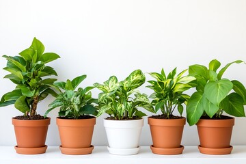 Obraz premium Diverse Collection of Potted Green Plants in Terracotta and White Pots on Bright White Shelf : Generative AI