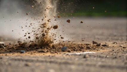 A closeup of the impact zone where a pile meets the ground capturing the moment of contact with fragments of soil being disp.