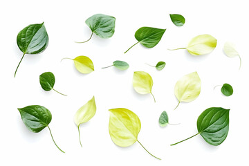 Green and yellow leaves scattered on white background; nature design for websites, blogs, or marketing