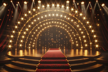 Obraz premium Red Theater Stage with Dramatic Lighting and Velvet Curtains, Elegant Performance Venue Setup with Spotlight and Theatrical Atmosphere