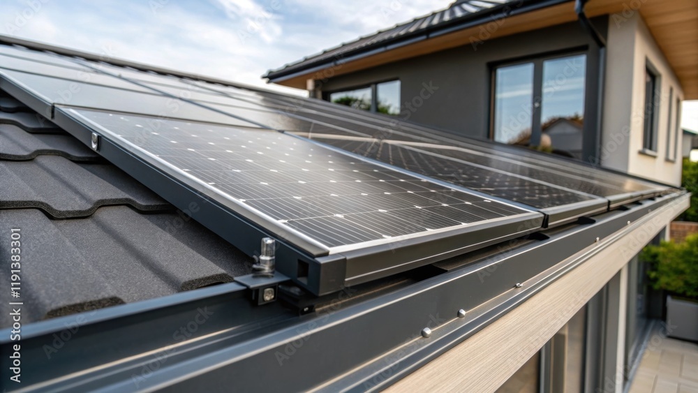 Poster A closeup of the solar panel surface where fixed frames attach to a pitched roof showing the robust materials and engineering supporting sustainable living within a contemporary