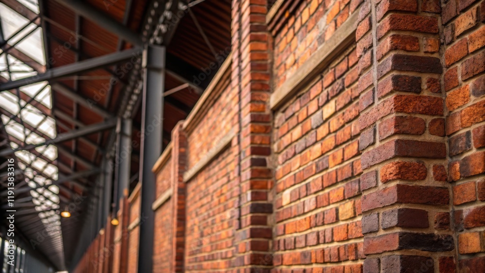 Poster a closeup of the textured brickwork on a rustic industrial warehouse highlighting the rich hues of r