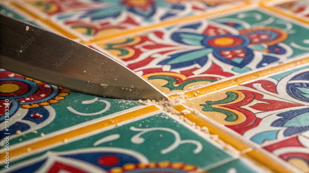 Poster A closeup of the tiles surface texture showing intricate patterns and colors as the blade nears the ting line with tiny flecks of the tile tered around.