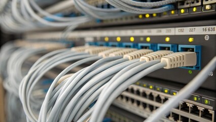 A closeup of the thin crisscrossing wires of a data network revealing detailed connections and tiny ports creating an impression of a complex communication hub hidden within the