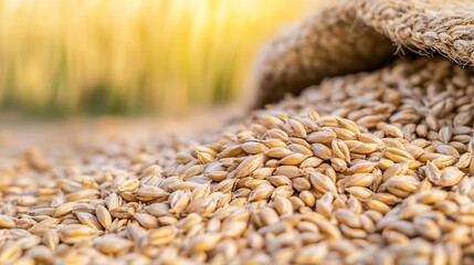 Obraz premium Close-Up of Golden Barley Grains in Burlap Sacks Depicting Farm Harvest and Agricultural Abundance : Generative AI