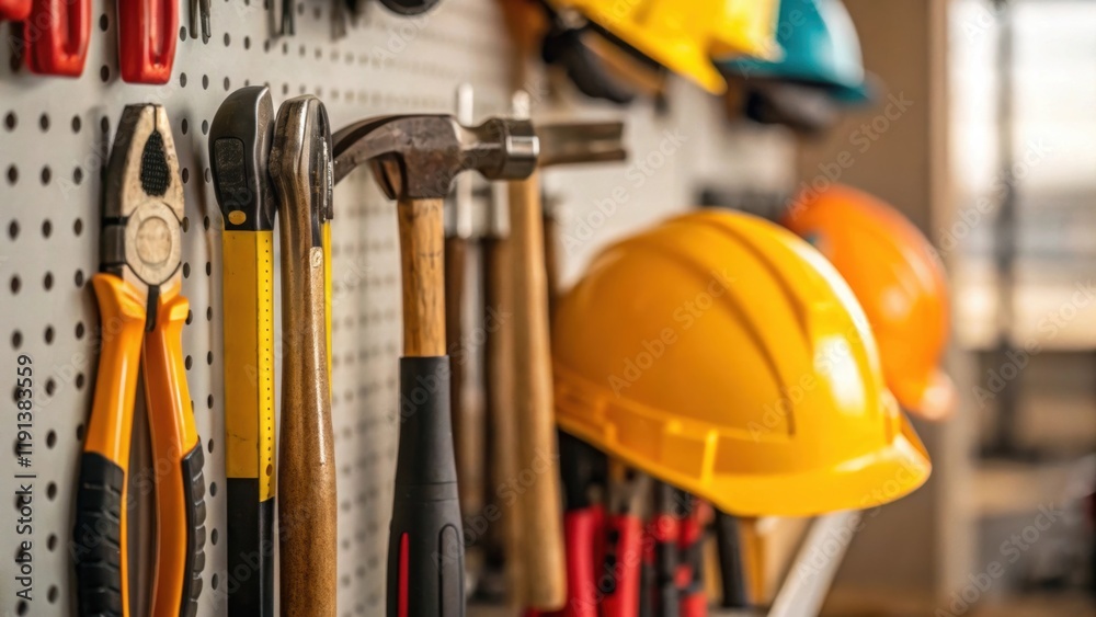 Poster a closeup of tools hanging on a pegboard including hammers wrenches and safety gear representing the